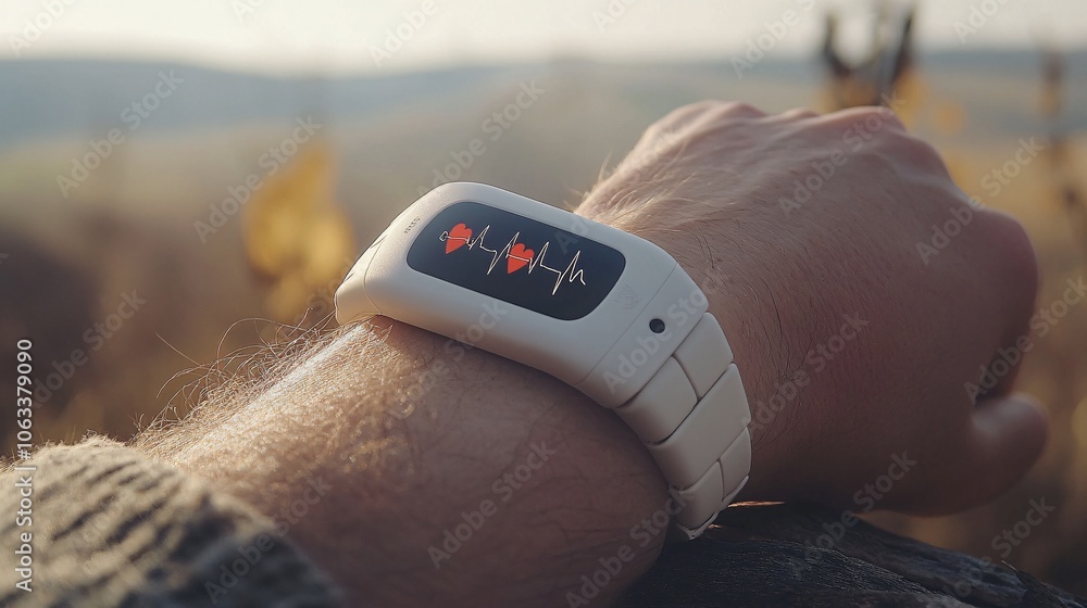 Poster patient scanning a wearable ecg monitor to record heart metrics, demonstrating remote patient monito
