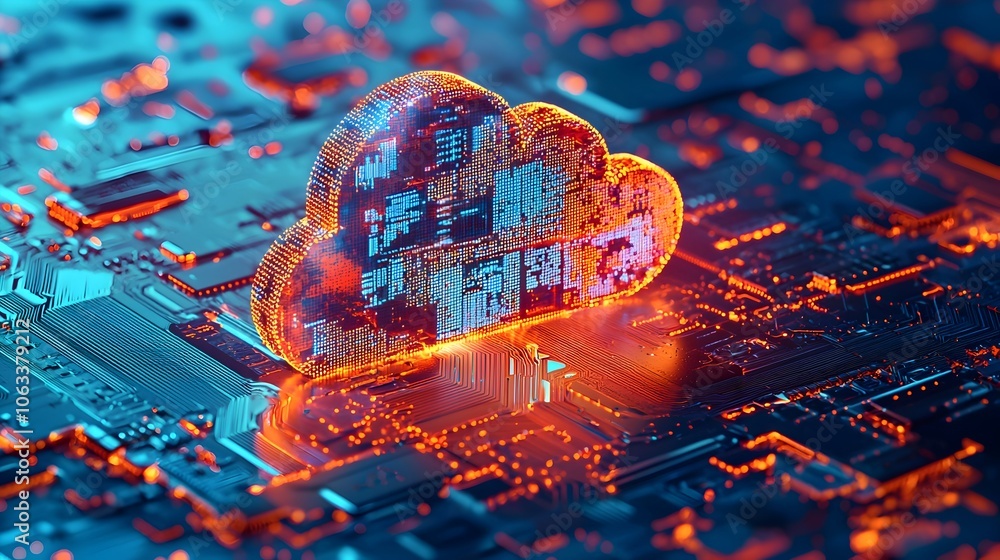 Poster glowing cloud shaped circuit board symbolizing digital infrastructure and cloud computing