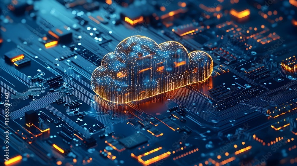 Poster glowing cloud shaped circuit board symbolizing cloud computing infrastructure