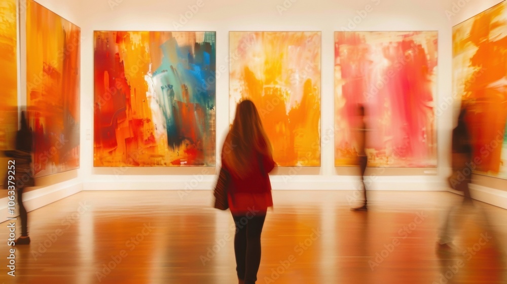 Poster a hazy view of an art exhibit where the paintings seem to dance and move in unison.