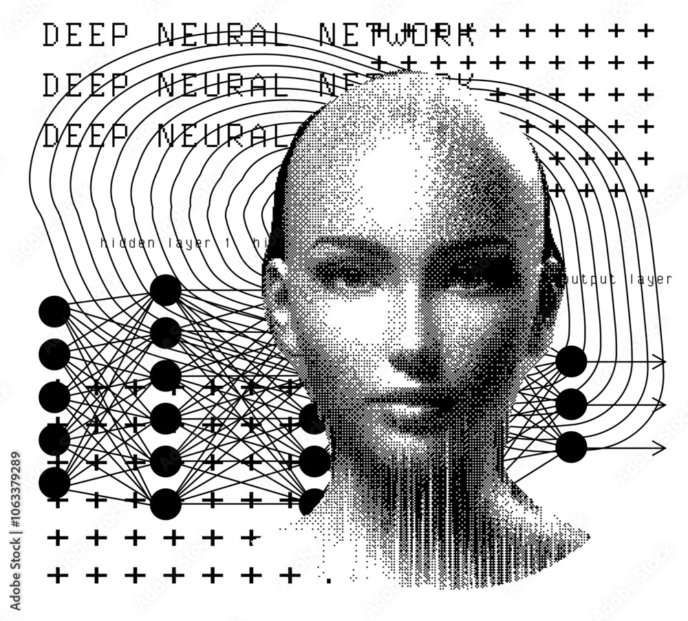 Fototapete Vector illustration depicting a human-like face blended with the structure of a deep neural network. The design showcases a connection of AI nodes and representing hidden and output layers.