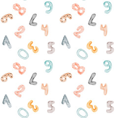 Watercolor Numbers seamless pattern. Cute of colorful cute numbers. Clip art isolated on white background. For design of baby fabrics and invitations. Children's kawaii style