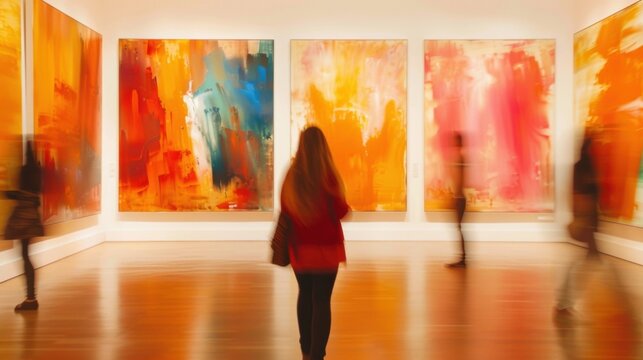 A hazy view of an art exhibit where the paintings seem to dance and move in unison.