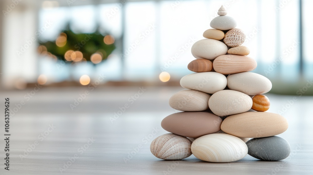 Poster smooth stones stacked in a pyramid create a calming and balanced scene, ai