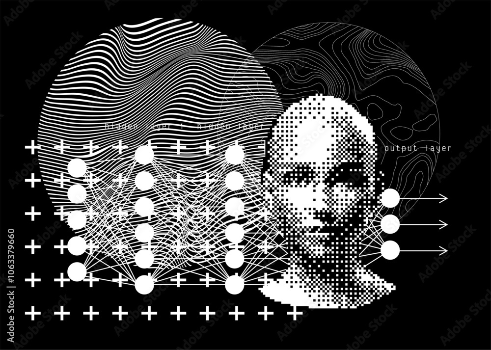 Aufkleber Vector illustration depicting a human-like face blended with the structure of a deep neural network. The design showcases a connection of AI nodes and representing hidden and output layers.