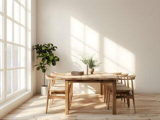 "Scandinavian chic dining room featuring minimalism with clean lines and natural wood elements."
