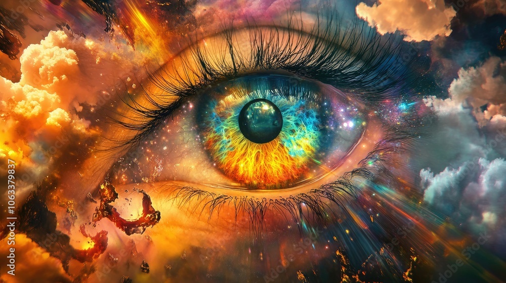 Poster an abstract interpretation of an eye, where the iris is made of vivid colors and surreal patterns, r