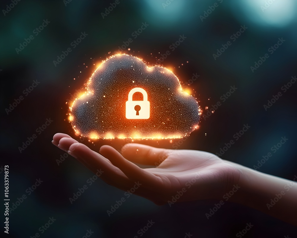 Poster secure cloud computing concept with glowing lock icon in hand
