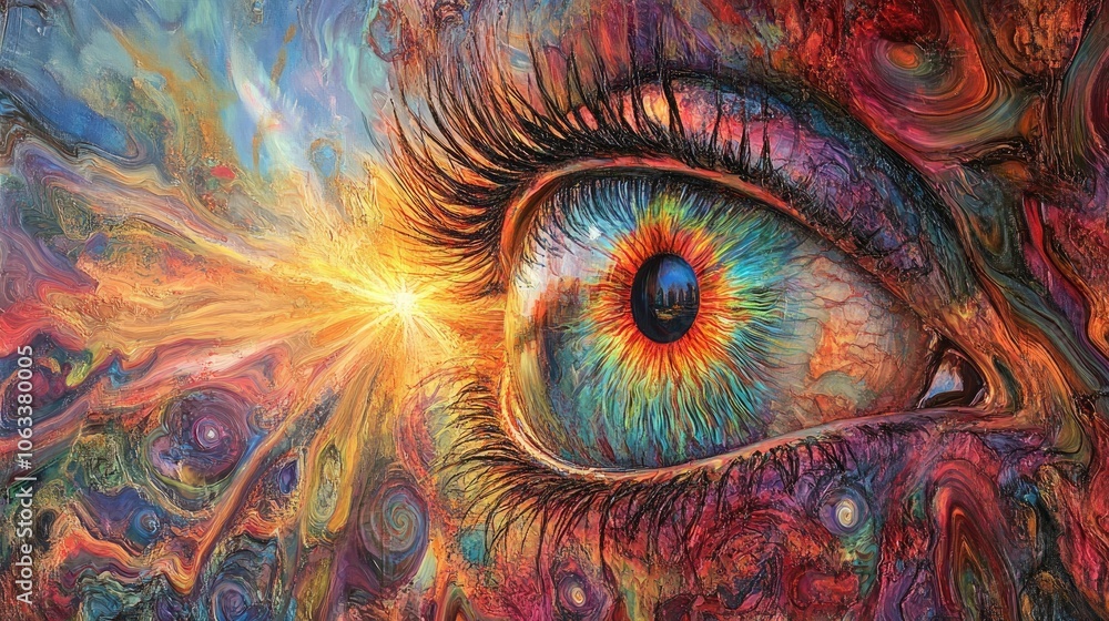 Poster an abstract interpretation of an eye, where the iris is made of vivid colors and surreal patterns, r