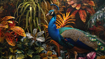 A majestic peacock stands in a beautiful garden, surrounded by flowers and greenery