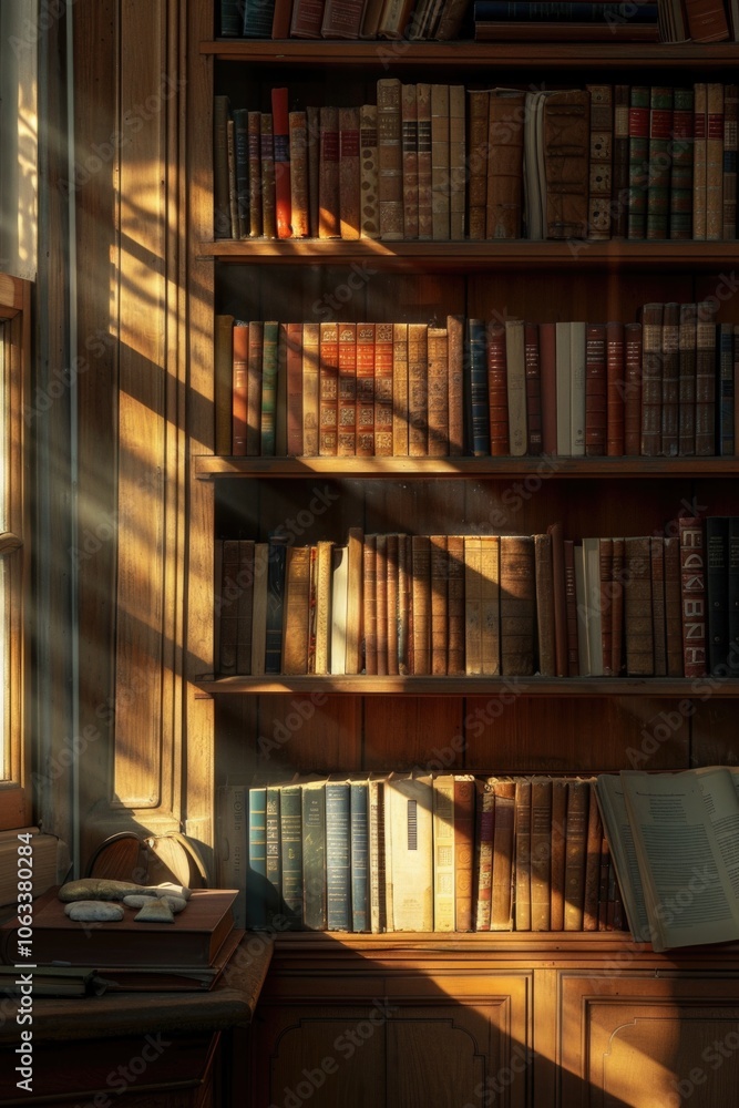 Poster a bookshelf filled with numerous books placed next to a sunny window, perfect for reading or studyin