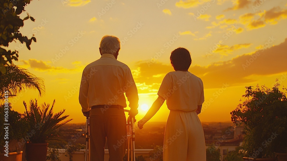 Poster elderly man using a walker with support from a caregiver, receiving encouragement to move confidentl