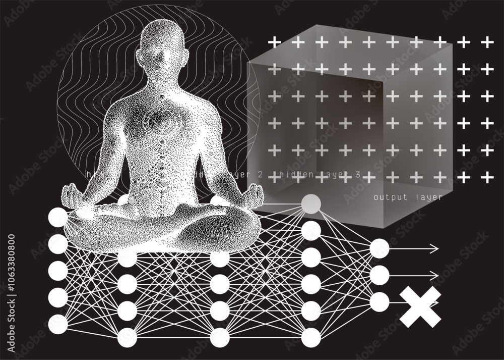 Aufkleber Conceptual vector illustration combining a diagram of a neural network with multiple layers connected by nodes and pixelated figure in a meditative pose.