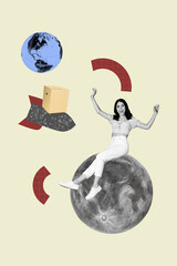 Composite trend artwork 3D sketch image photo collage of young woman sit moon planet earth racket delivery fly box service worldwide