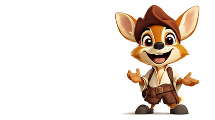 Fototapeta premium A friendly, cartoon fox with big ears and a big smile wearing a brown hat and brown shorts, stands with his arms outstretched in front of a white background.