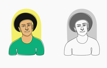 Line art illustration of a man wearing a hat and smiling