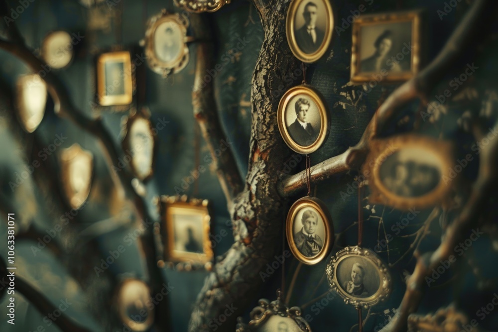 Poster A tree with multiple framed photos hung from its branches
