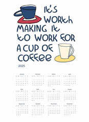 2025 calendar template with hand drawn home decor coffee lettering