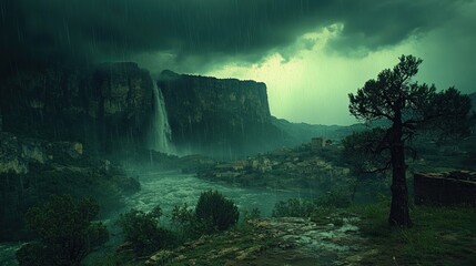 A dramatic view of a waterfall cascading down a mountainside during a heavy rainstorm, with a small town and a single tree in the foreground.