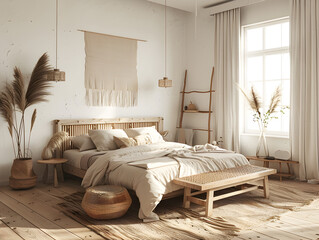 Elegant Scandinavian bedroom in neutral colors with minimalist design and cozy atmosphere.