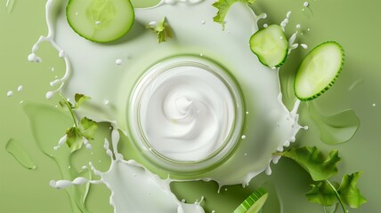 Cucumber-infused moisturizer cream splash in vibrant green background
