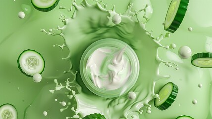 Cucumber-infused moisturizer cream splash in vibrant green background
