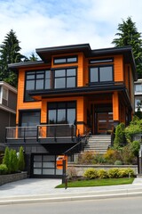 Fototapeta premium Modern Orange Suburban Home with Sleek Design, Expansive Windows, and a Landscaped Yard.
