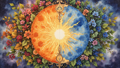 Wiccan solstice artwork featuring sun and moon surrounded by floral design and vibrant colors