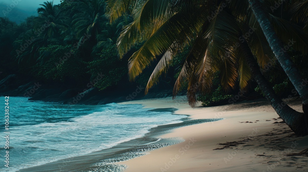 Poster a serene beach scene featuring palm trees and a calm body of water