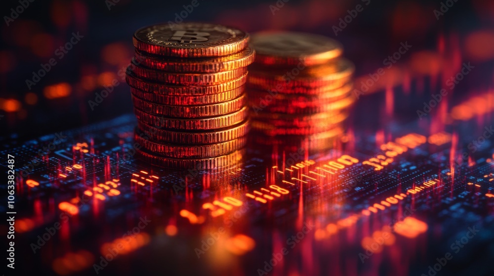 Aufkleber stacks of glowing bitcoin coins are displayed against a vibrant digital trading backdrop.