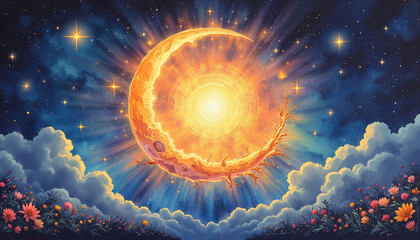 Wiccan solstice artwork featuring a radiant sun within a crescent moon surrounded by stars and flowers