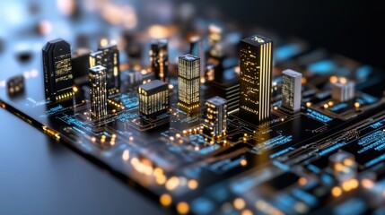 A vivid 3D rendering of a futuristic neon cityscape, with glowing skyscrapers and intricate circuitry, capturing innovation and urban technology.