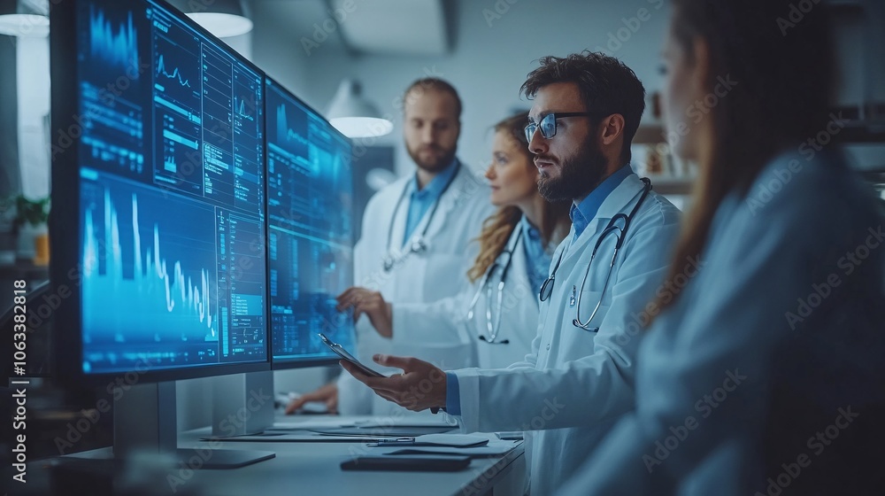 Poster Diverse group of healthcare workers in a conference room, discussing patient care strategies and looking at a digital chart display with empty space for text