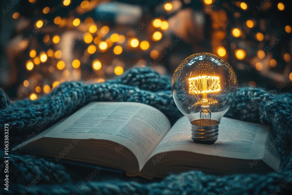 Poster An open book with a light bulb sitting on top, perfect for studying or reading in a cozy atmosphere