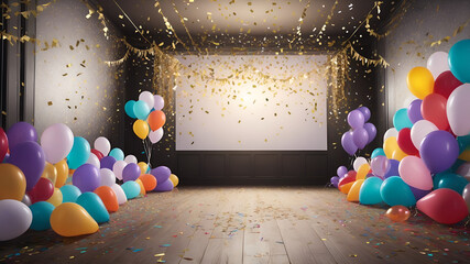 A room with balloons and a sign that says party on it