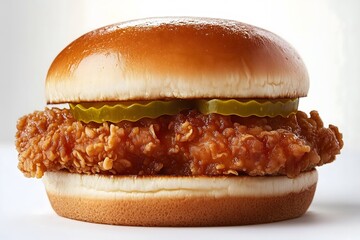 A chicken sandwich with pickles and a fried piece of chicken on a white background
