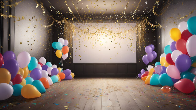 A room with balloons and a sign that says party on it