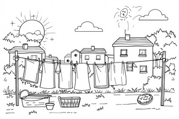 Obraz premium A charming black and white illustration of a laundry line with clothes drying in a sunny suburban setting.