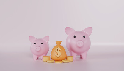 Two piggy bank family with money coins and bag, Family financial, Money savings, Investment concept