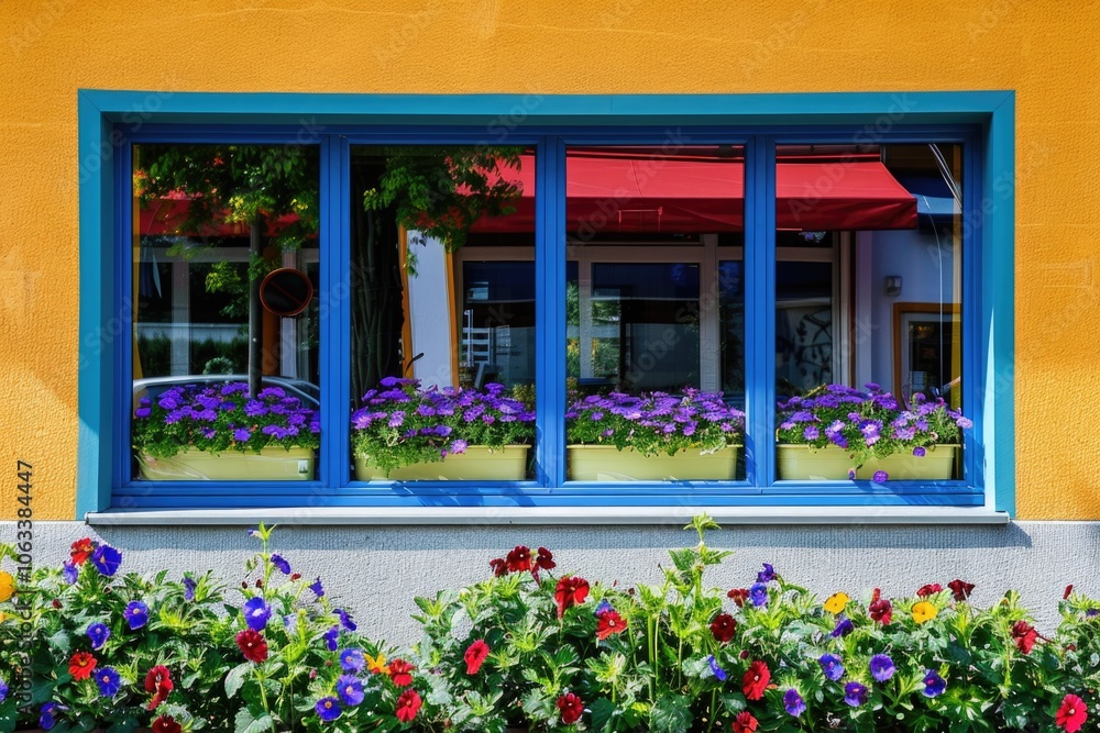 Poster a bright yellow building with a prominent blue window and a red umbrella outside, suitable for use i