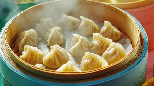 Steam rising from baskets of steaming dumplings