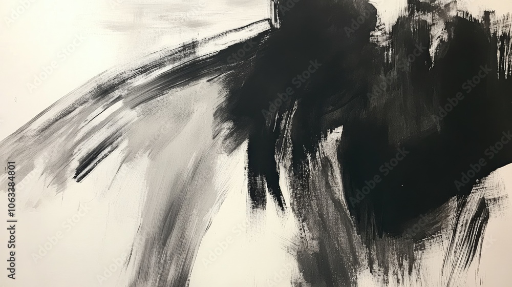 Poster bold and sweeping black ink strokes merge with subtle gray washes, creating an abstract composition 