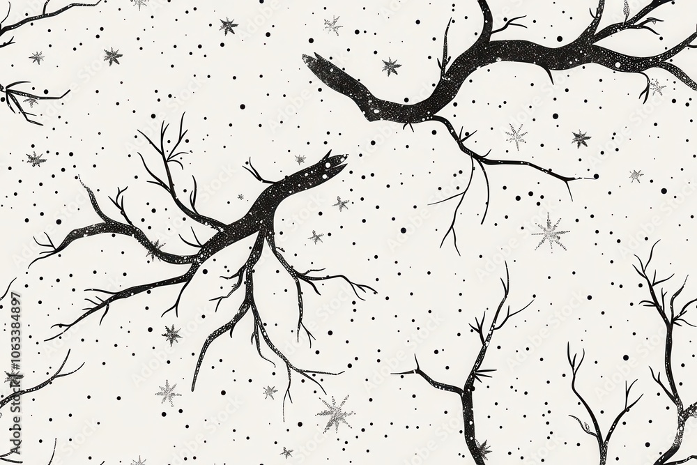 Poster snowy seamless pattern with sparse branches and stars