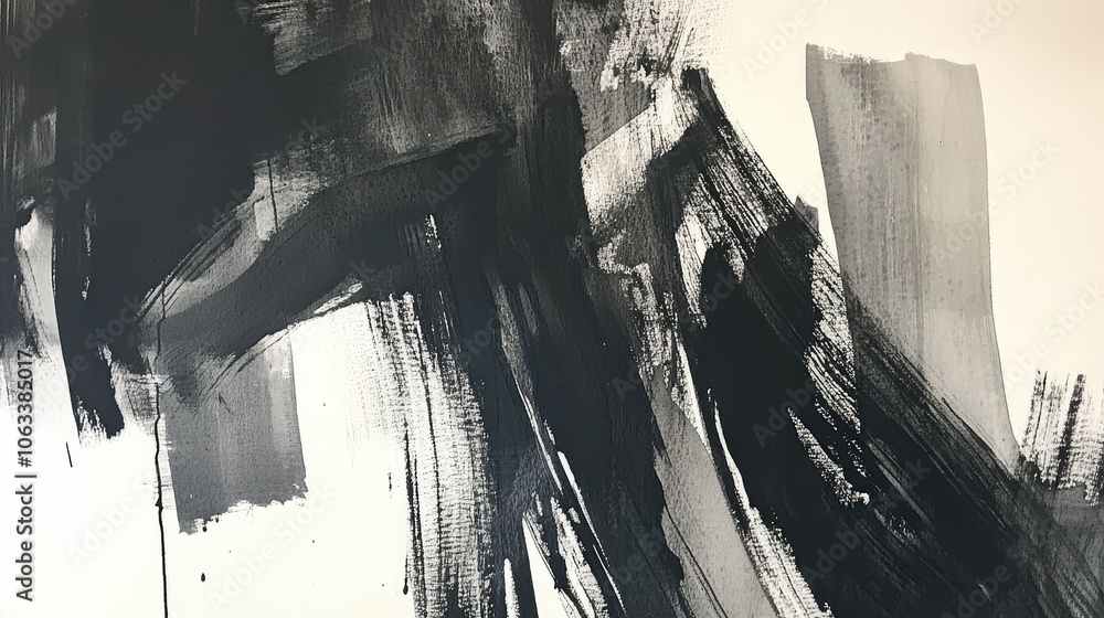 Aufkleber bold and sweeping black ink strokes merge with subtle gray washes, creating an abstract composition 