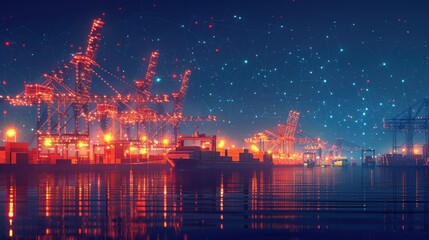 A nighttime view of a busy harbor with cranes, ships, and a digital network connecting them.