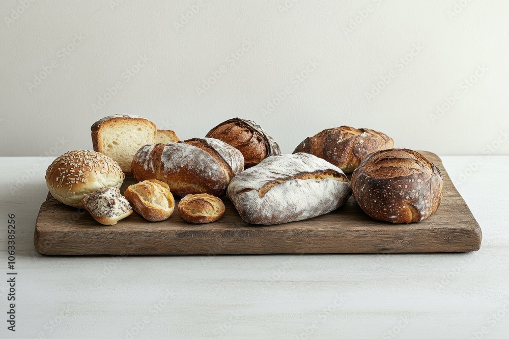 Poster a delightful spread of assorted freshly baked breads and pastries is beautifully arranged on a rusti