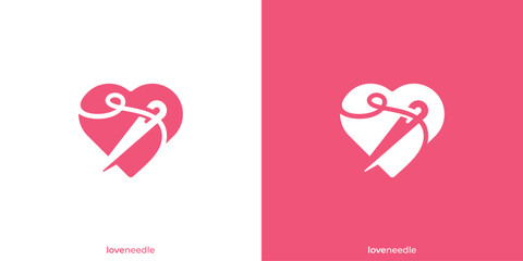 Love Needle Logo. Sewing Needle and Shape of Love witn Minimalist Style. Love Tailor Logo, Icon, Symbol, Vector, Design Inspiration.