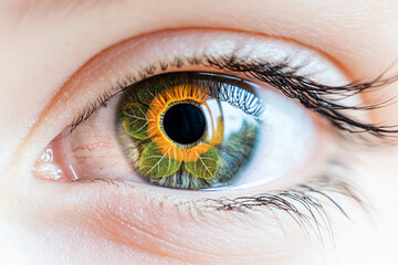 eye macro shot, delicate leaf pattern over iris, stunning detail, clean white background