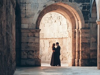 Timeless Embrace Couple Embracing in Front of Ancient Archway