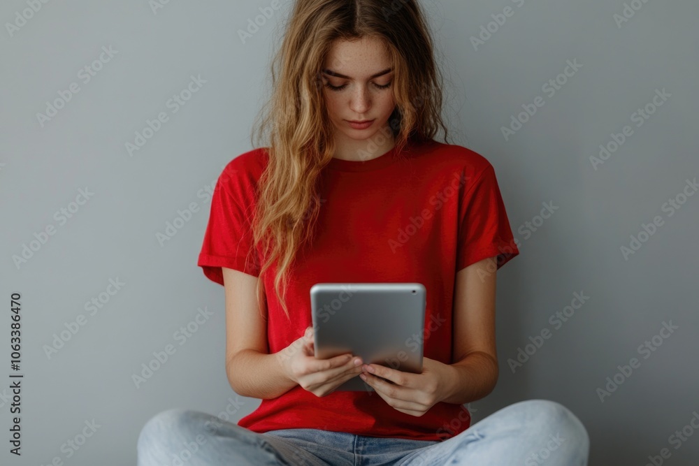 Poster a woman sits on the floor using a tablet computer, a common scenario in today's digital age